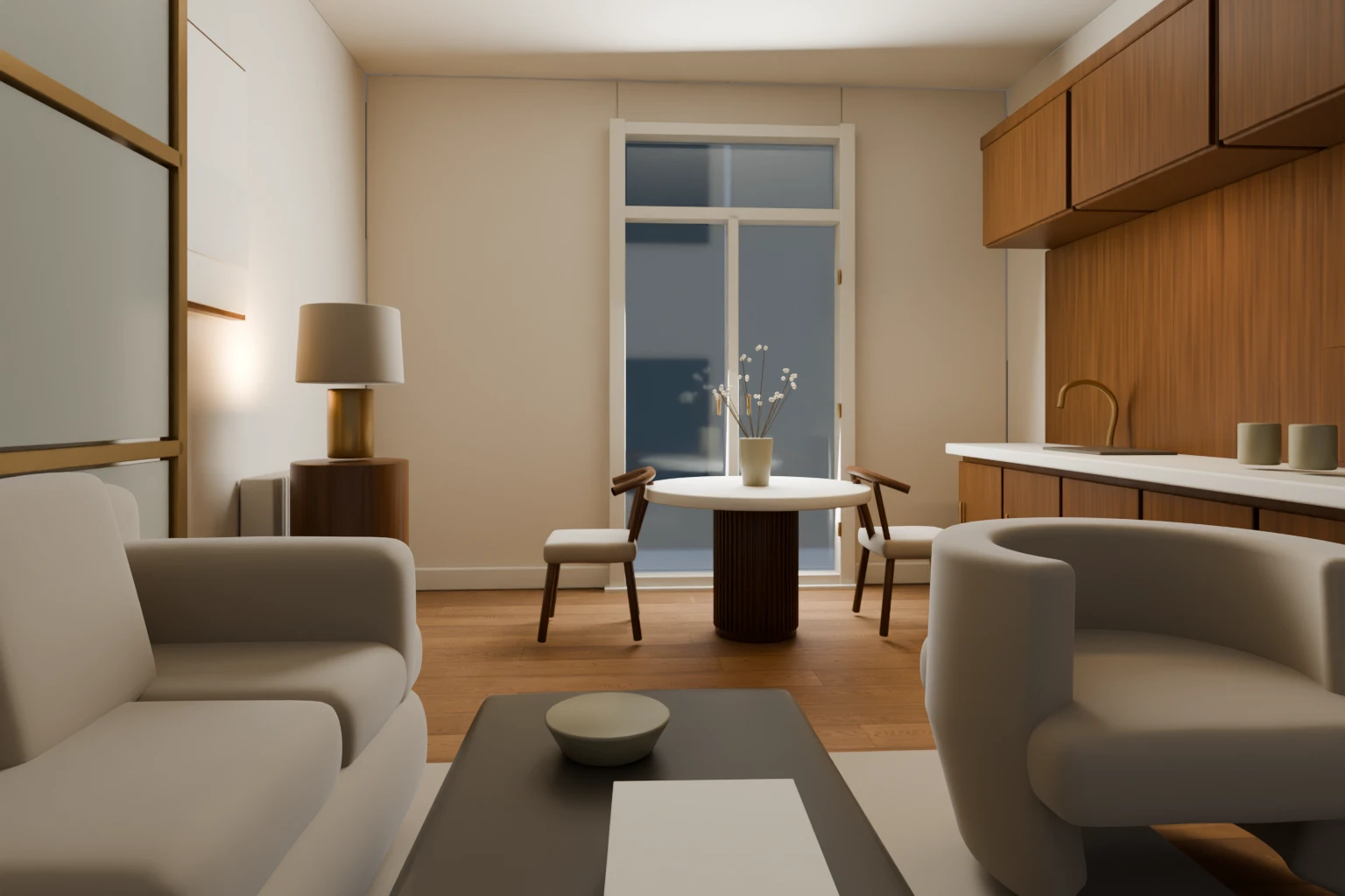 Rendering della suite campione costruita in 3D: arredi imbottiti, cucina, infissi e illuminazione